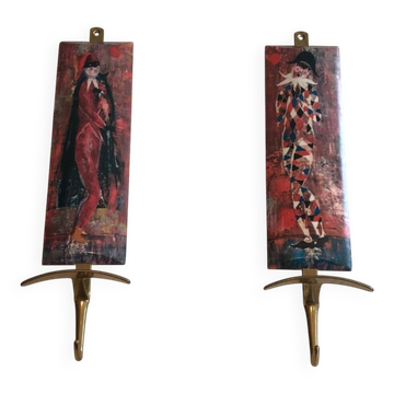 Pair of Commedia dell'Arte Coat Hooks in the Style of Fornasetti, Italy, glass