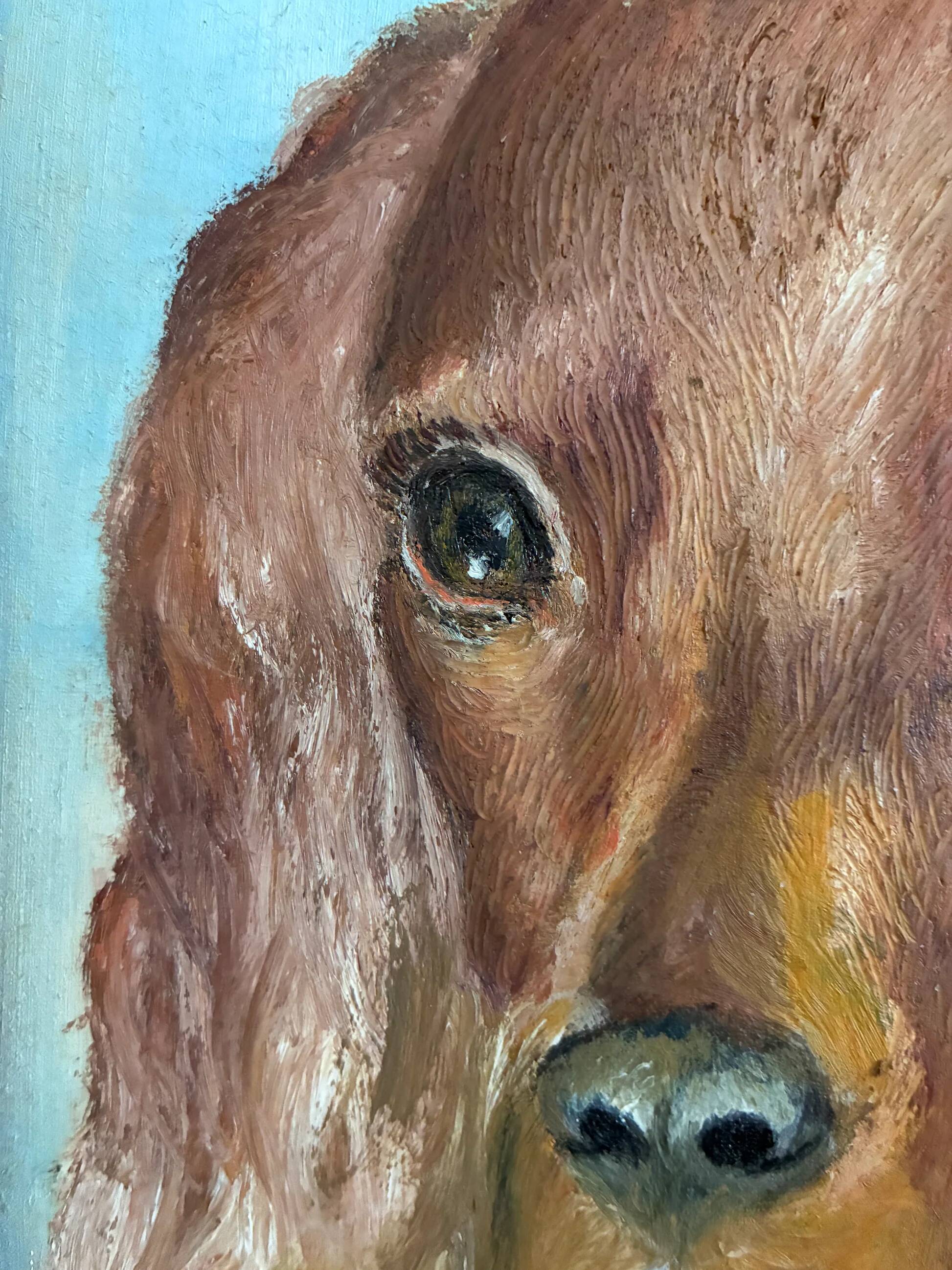 Vintage original dog portrait oil painting, signed animal art