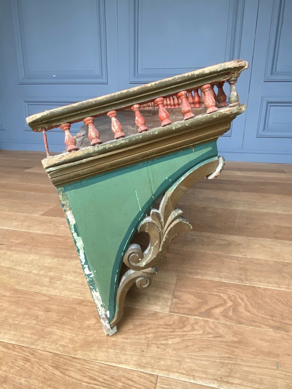 Italian floor patina green 1900 wood turns polychromy