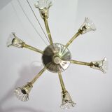 Lustre en verre de Murano vintage, couleur ambre, six lumières, design des années 1950.