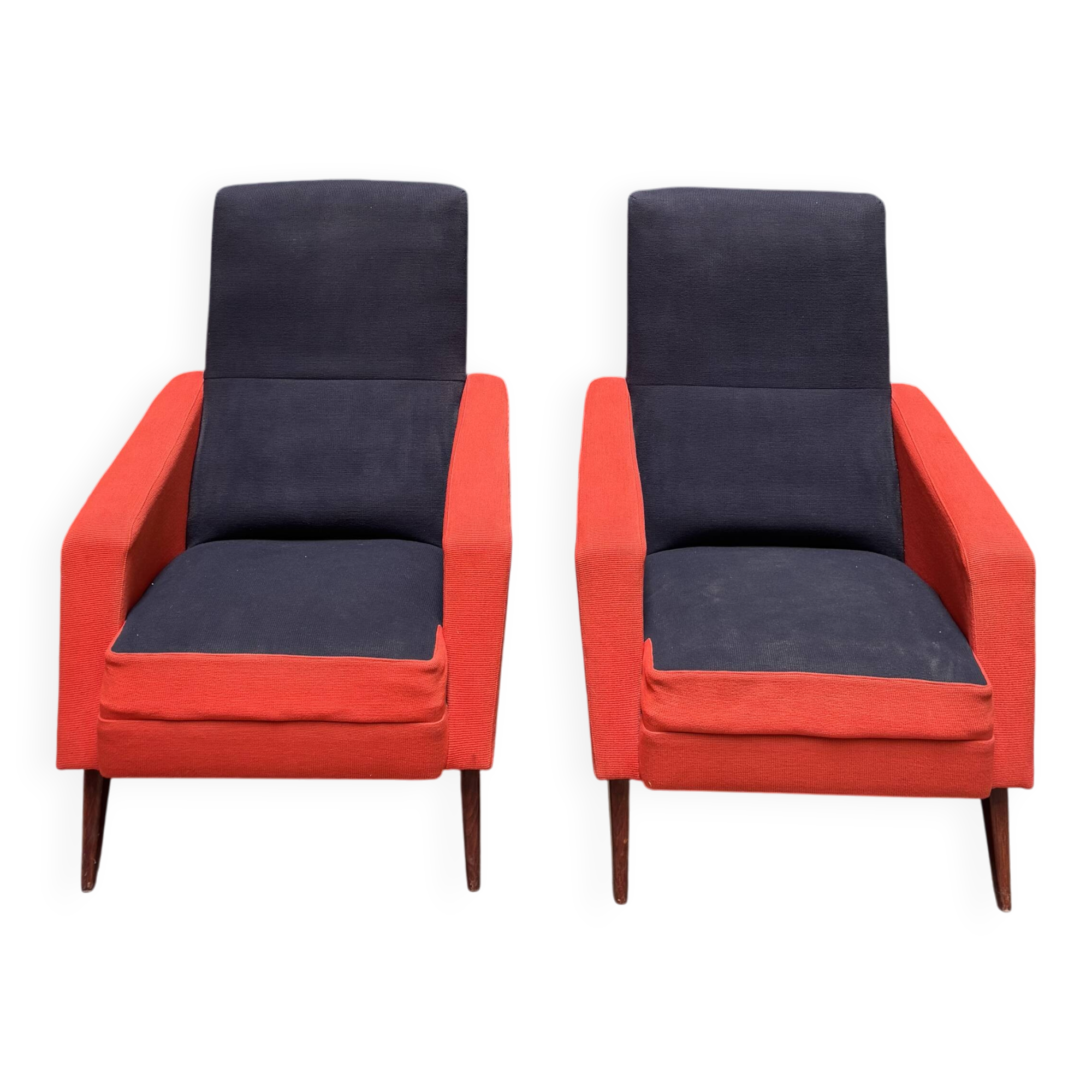 Pair of vintage black and red armchairs from the 1960s.