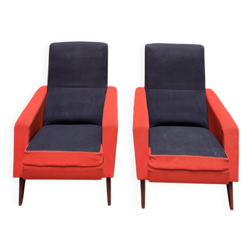 Pair of vintage black and red armchairs from the 1960s.