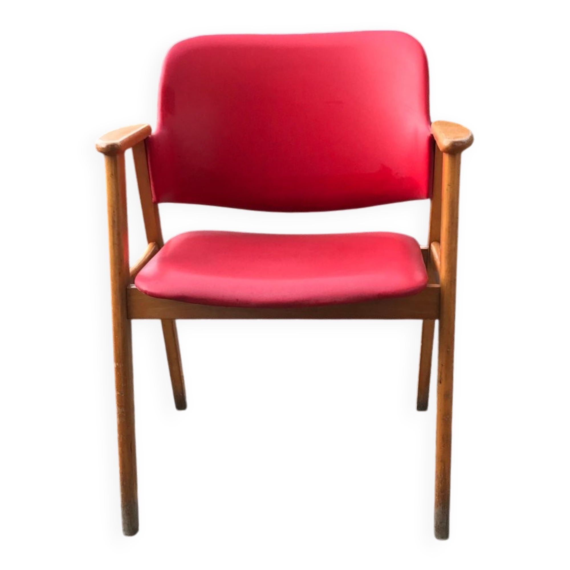 Chaise de bureau rouge en faux cuir et bois, style Milieu du Siècle (1960s)
