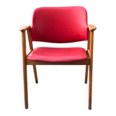 Chaise de bureau rouge en faux cuir et bois, style Milieu du Siècle (1960s)