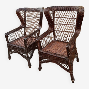Duo of rattan wing chairs