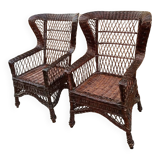 Duo of rattan wing chairs