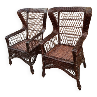 Duo of rattan wing chairs