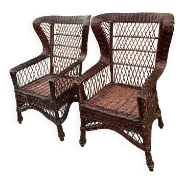Duo of rattan wing chairs