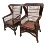 Duo of rattan wing chairs