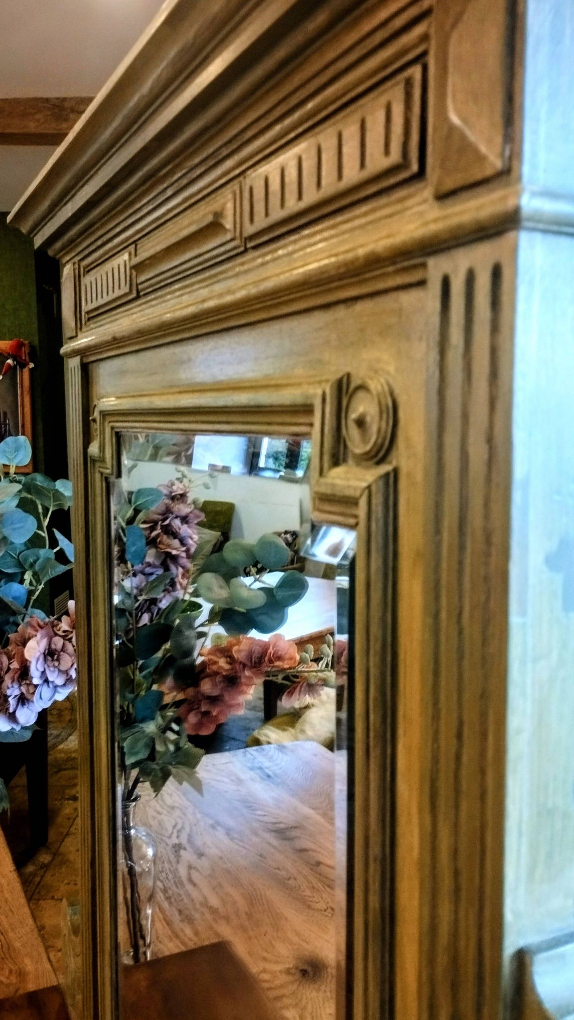 Antique bevelled mirror Farrow and Ball "Green Bancha"