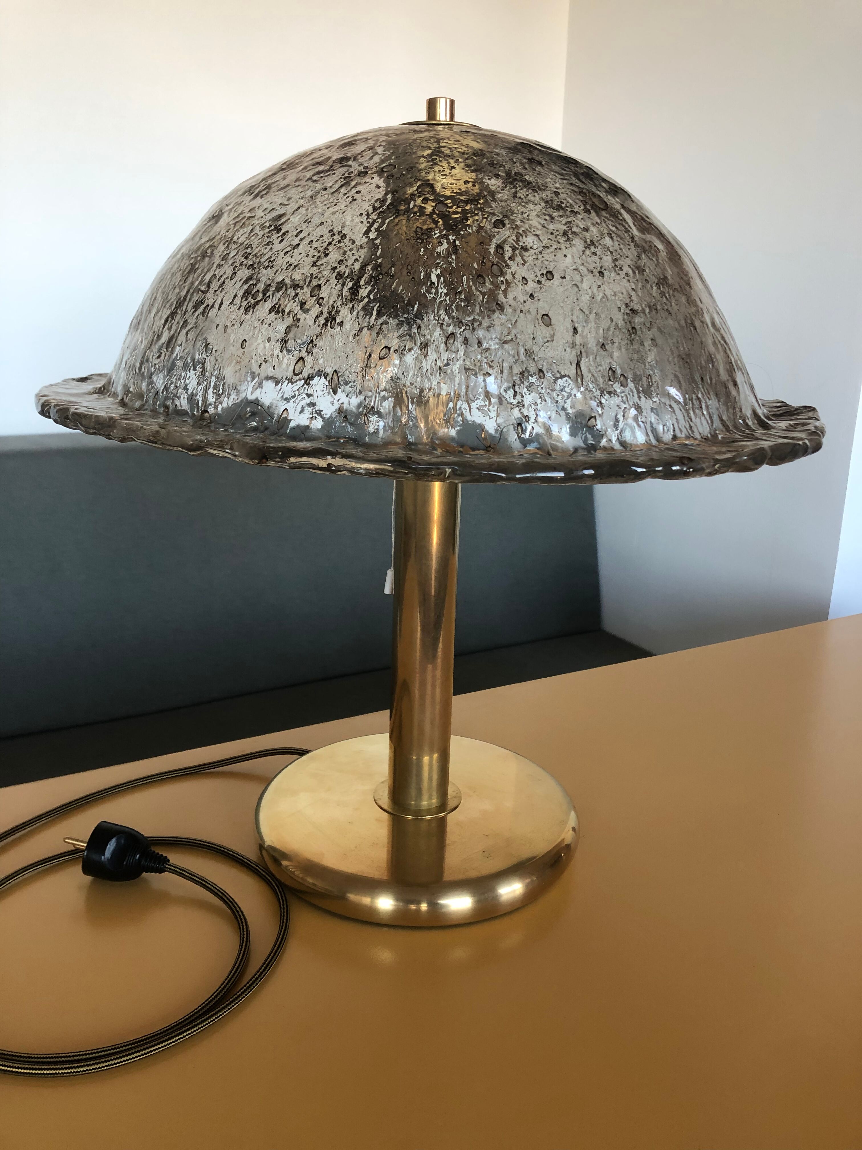 Large antique table lamp in glass and brass