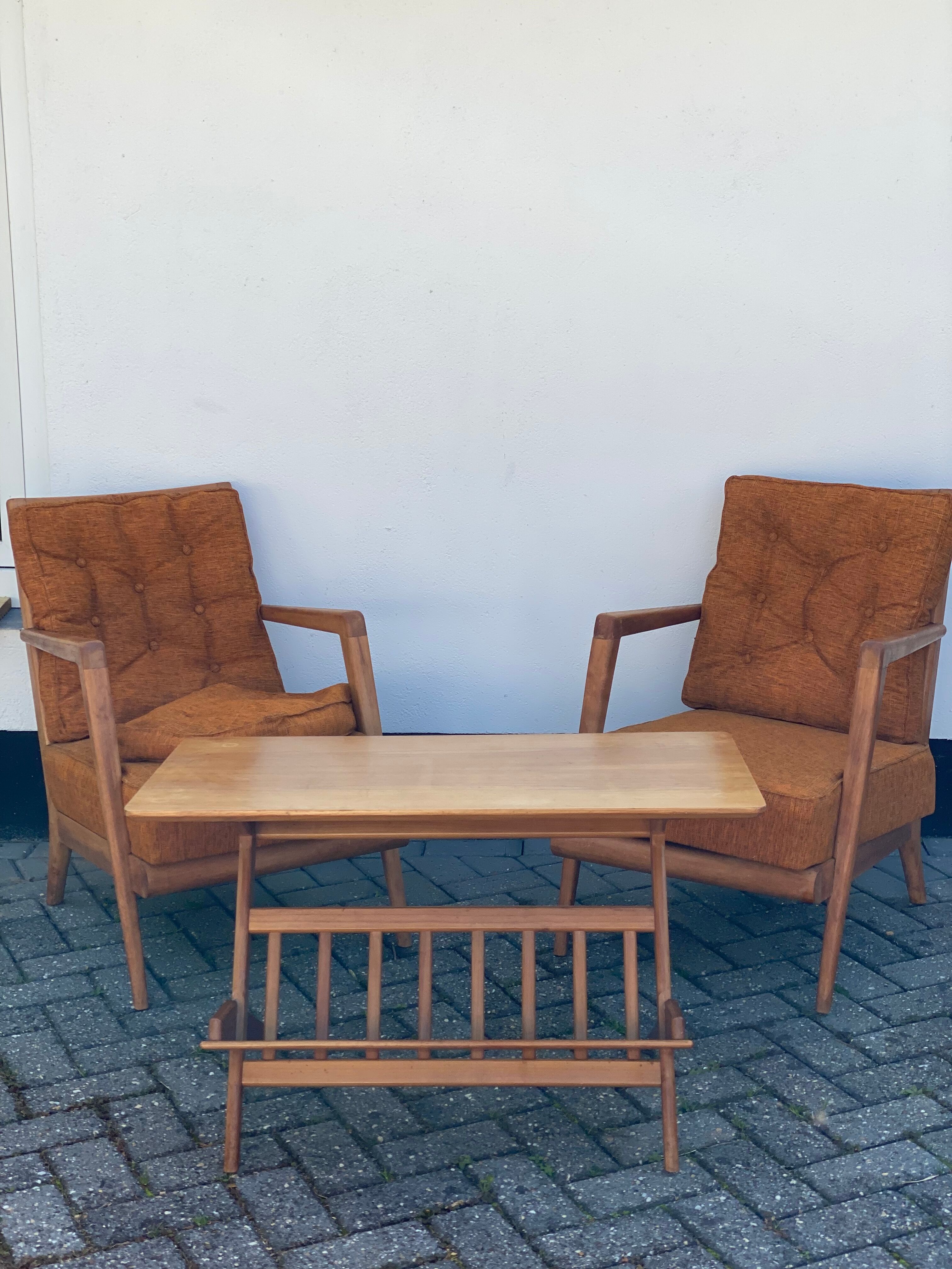 Trio of Knoll Lounge Chairs with Magazine Table.