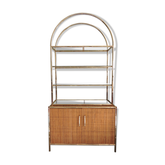 Brass bamboo and glass shelving unit on cane sideboard, 1960s