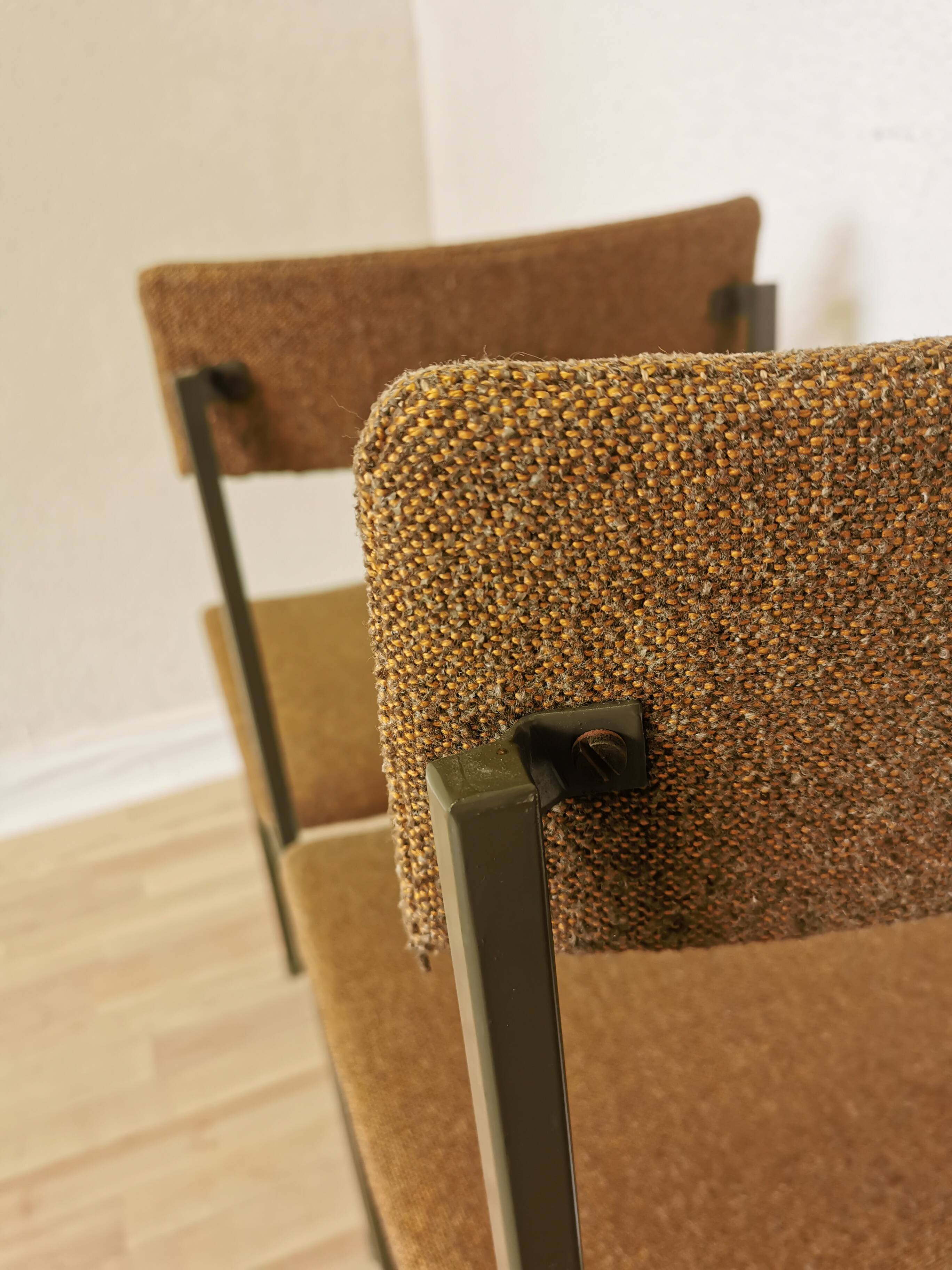 Set of 4 Vintage Industrial School Chairs: Brown Fabric, Black Metal Base