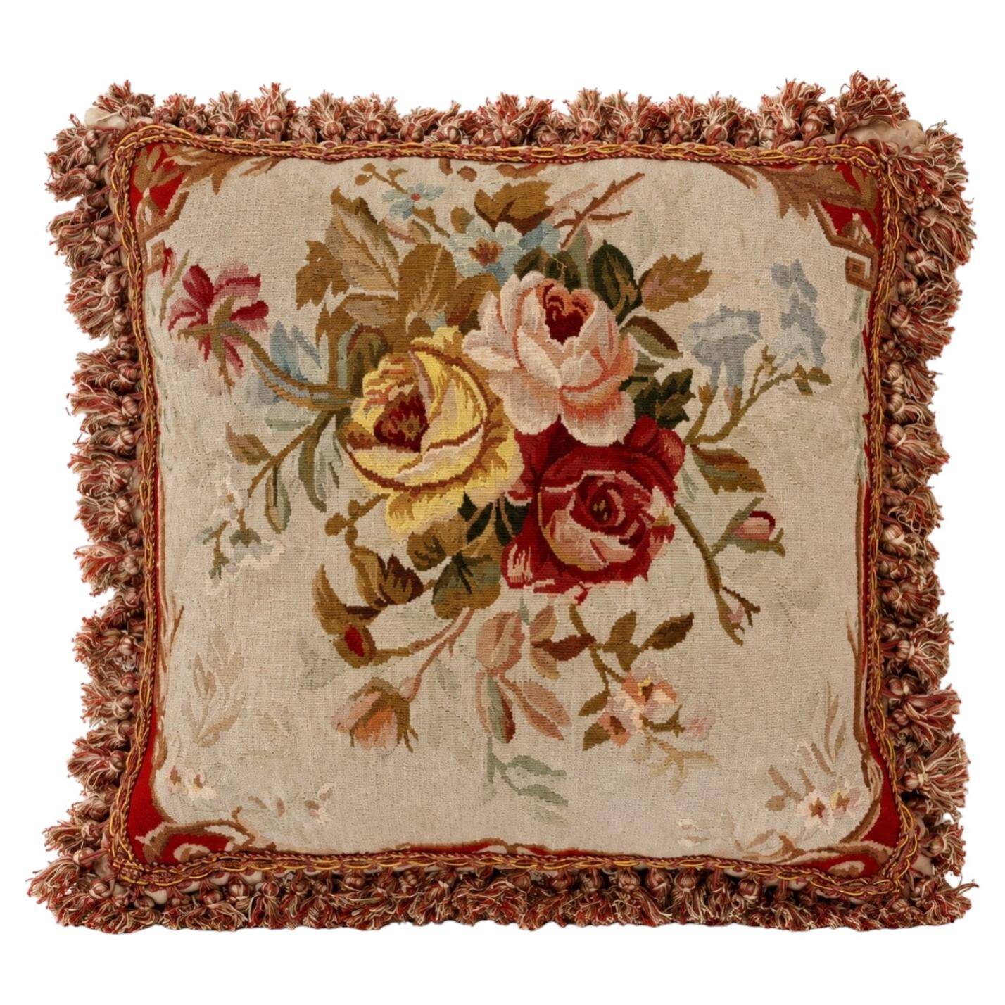 French Style Aubusson Floral Tapestry Cushion, Rose Bouquet & Tassel Fringe