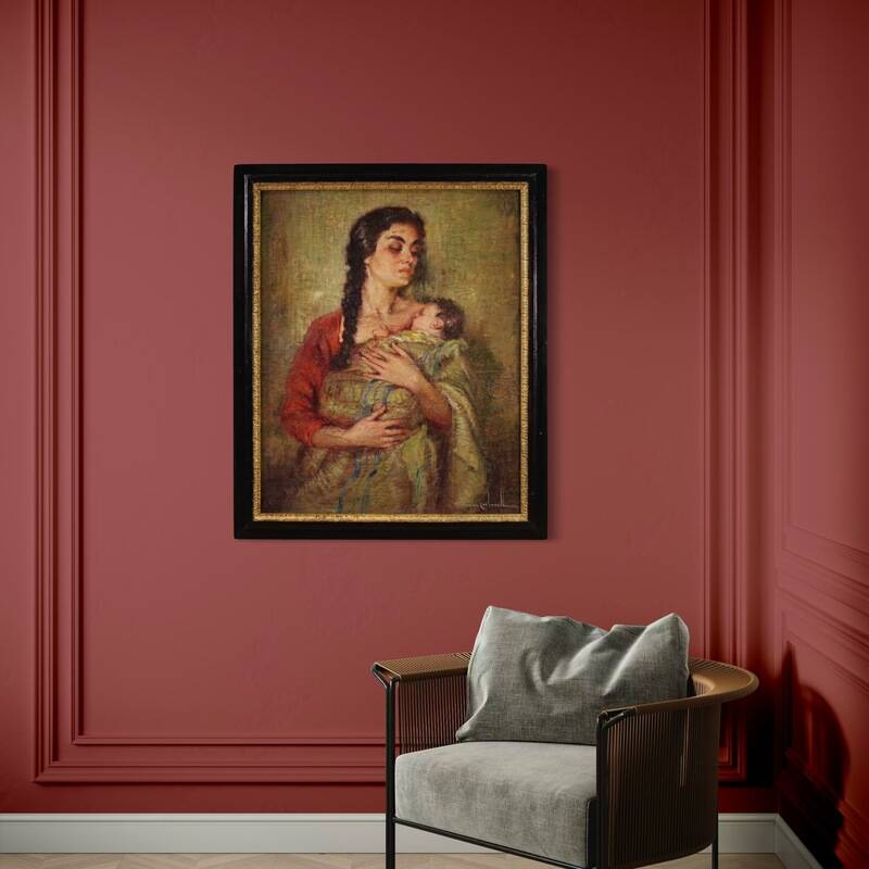Peinture espagnole "Maternité" signée, 20e siècle
