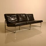 Unique Dutch bench in black leather with a steel and wenge structure from the 60s.