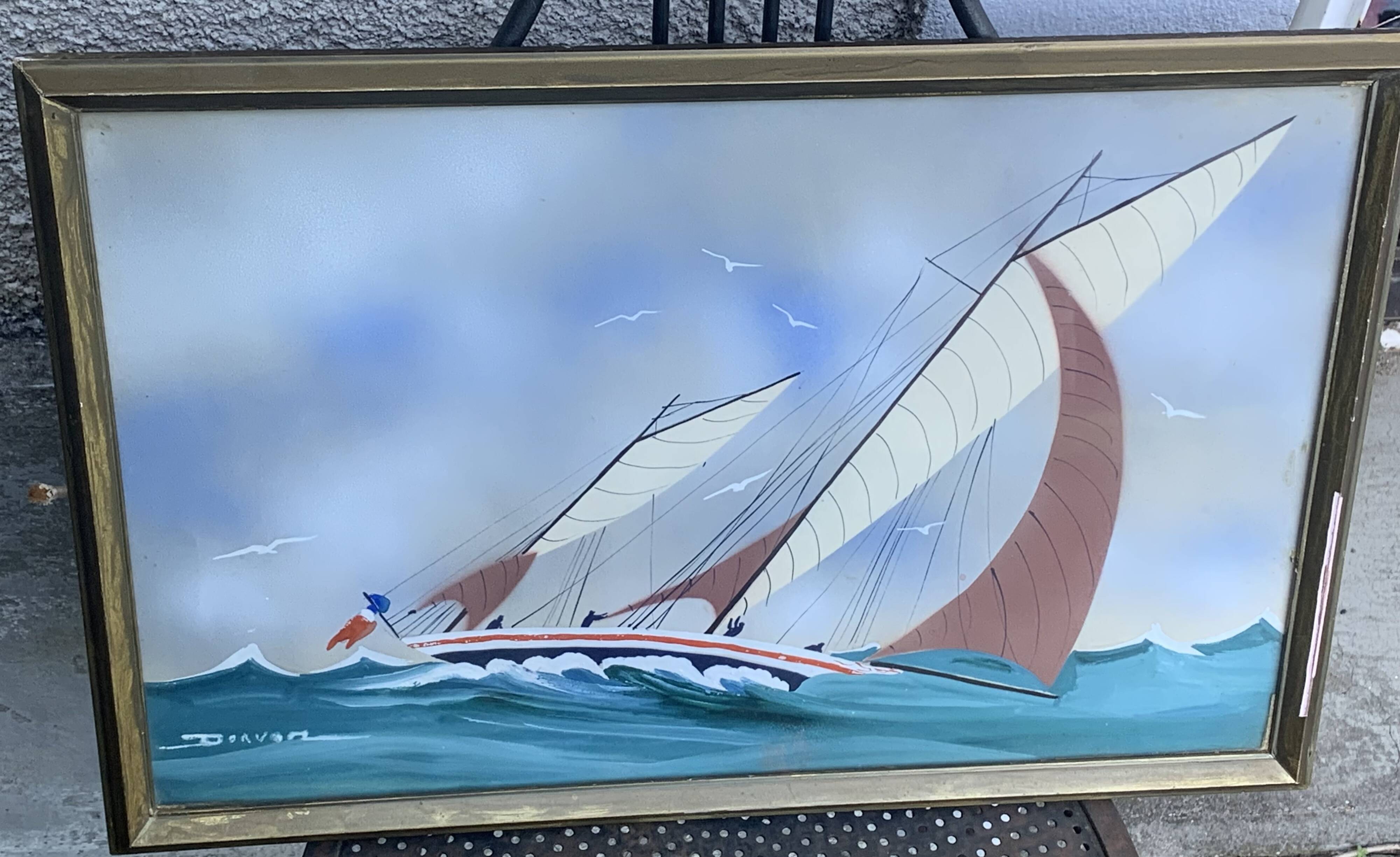 Marine painting, sailboat signed Dorvom, framed, vintage