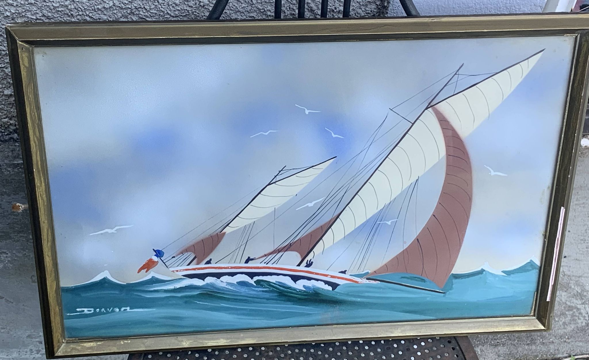 Tableau peinture marine, voilier signe Dorvom, encadre, vintage