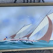 Tableau peinture marine, voilier signe Dorvom, encadre, vintage