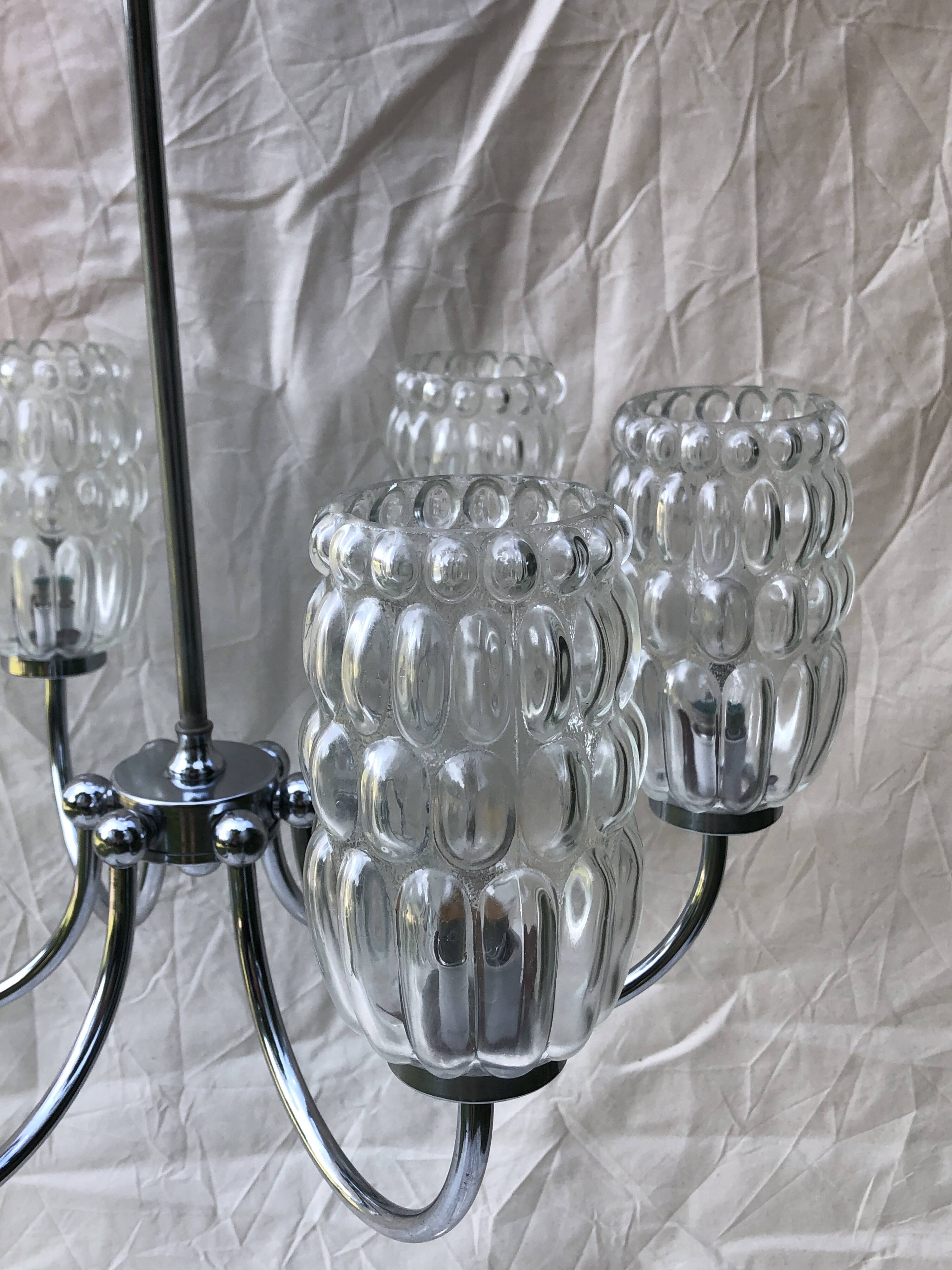 6-branched chrome chandelier & glass lampshades