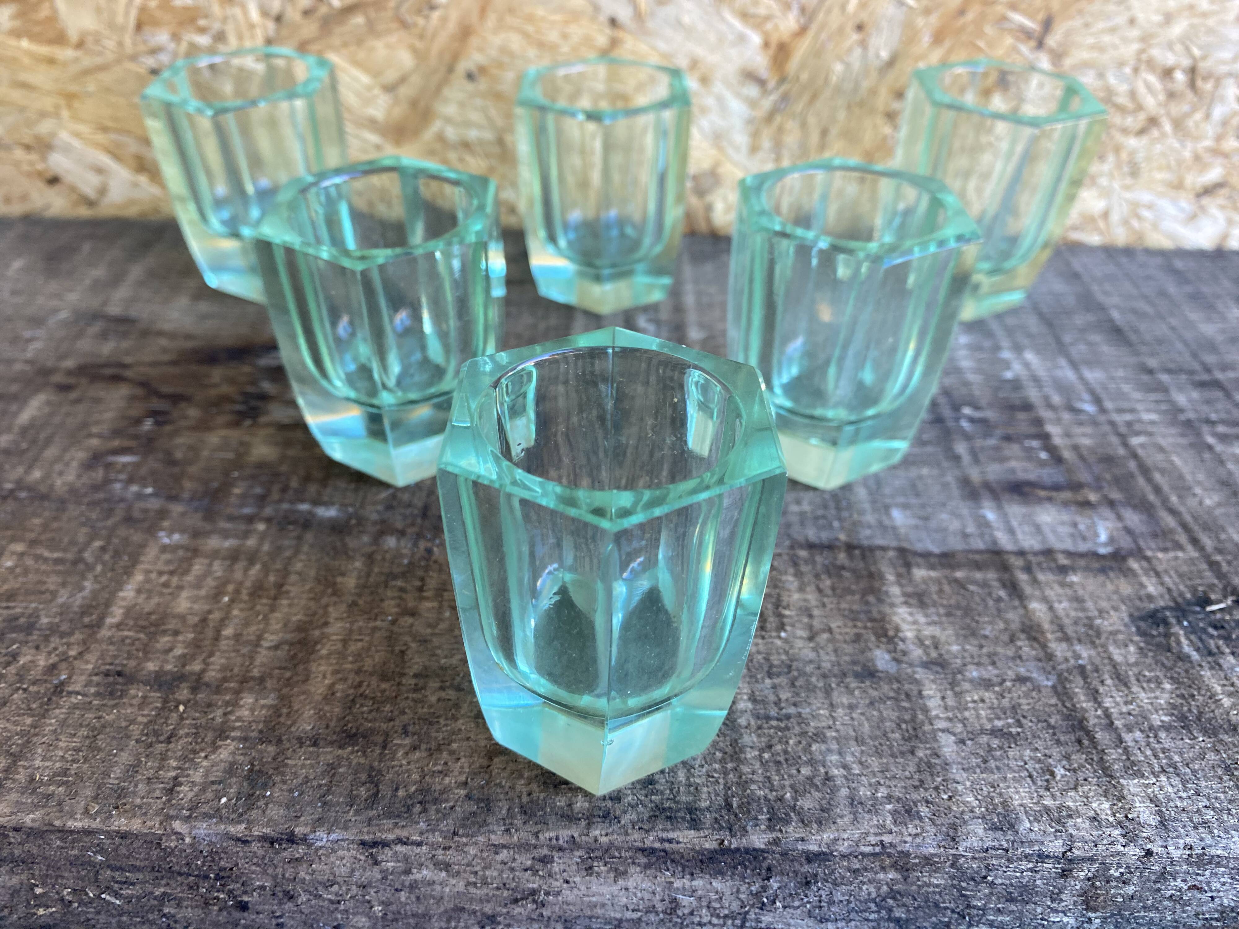 Set of 6 antique liqueur glasses moser moulded uranium glass beryl art deco