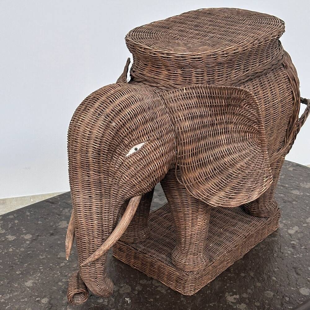 Large vintage wicker elephant plant stand / side table – sculptural bohemian statement