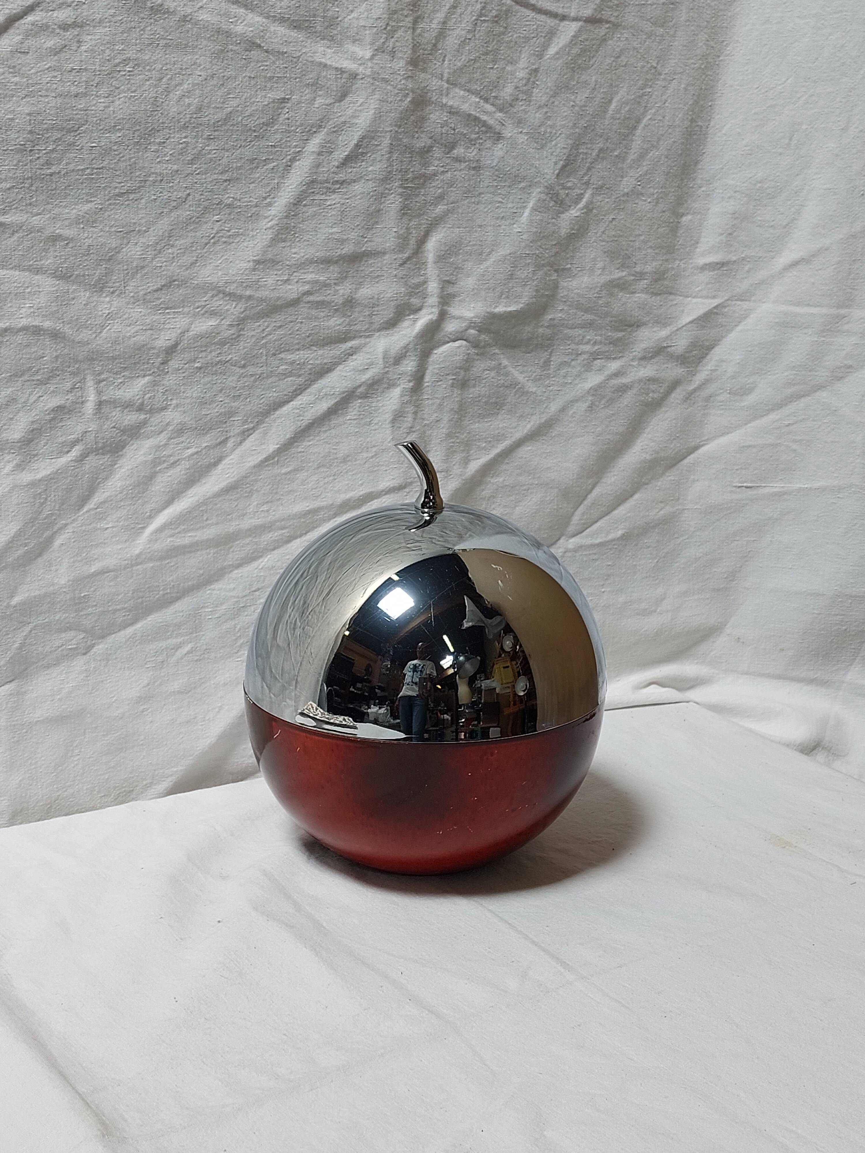 Ice bucket in the shape of an apple, chrome metal and red Bakelite, France, 70s