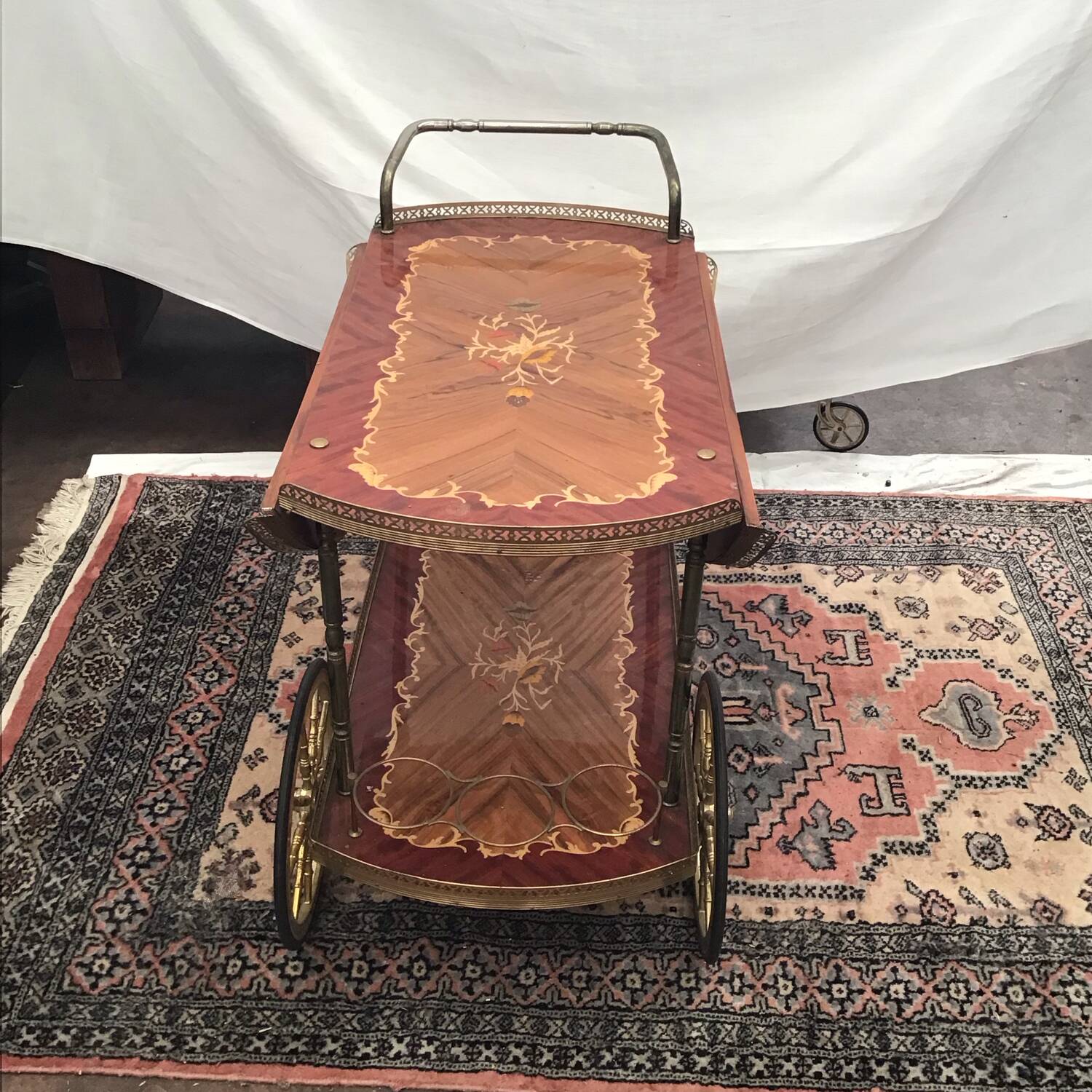 1960s marquetry bar cart on wheels