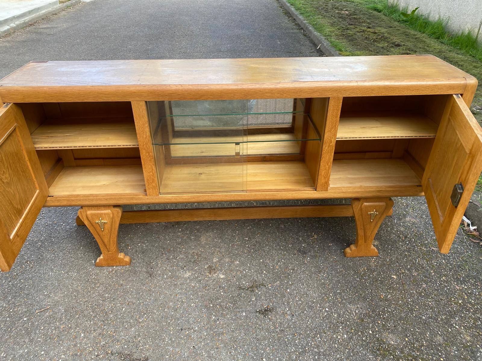 Parisian Art Deco sideboard with 2 sections in solid oak and marble, 1940
