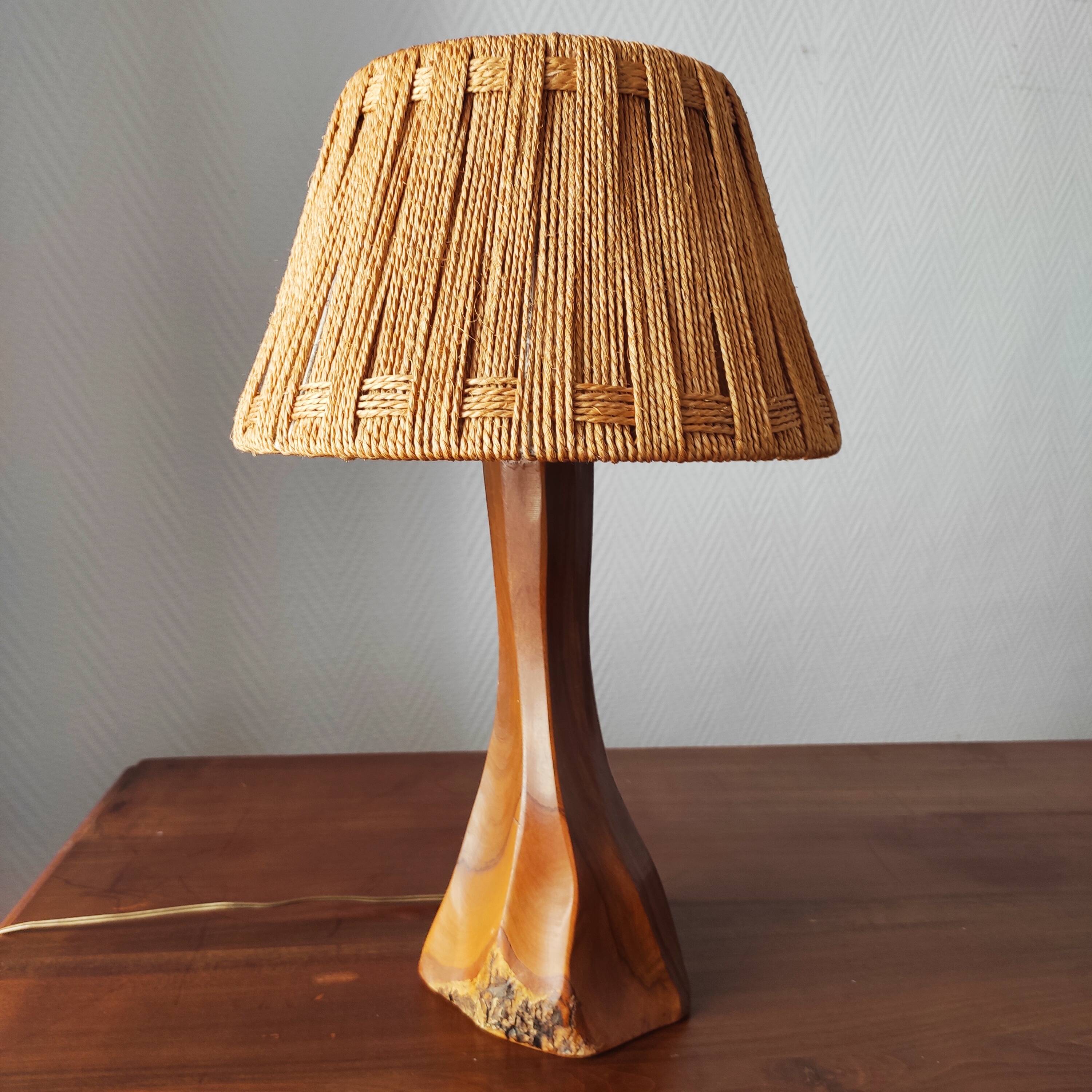 Vintage brutalist lamp from the 60s-70s made of wood and rope.