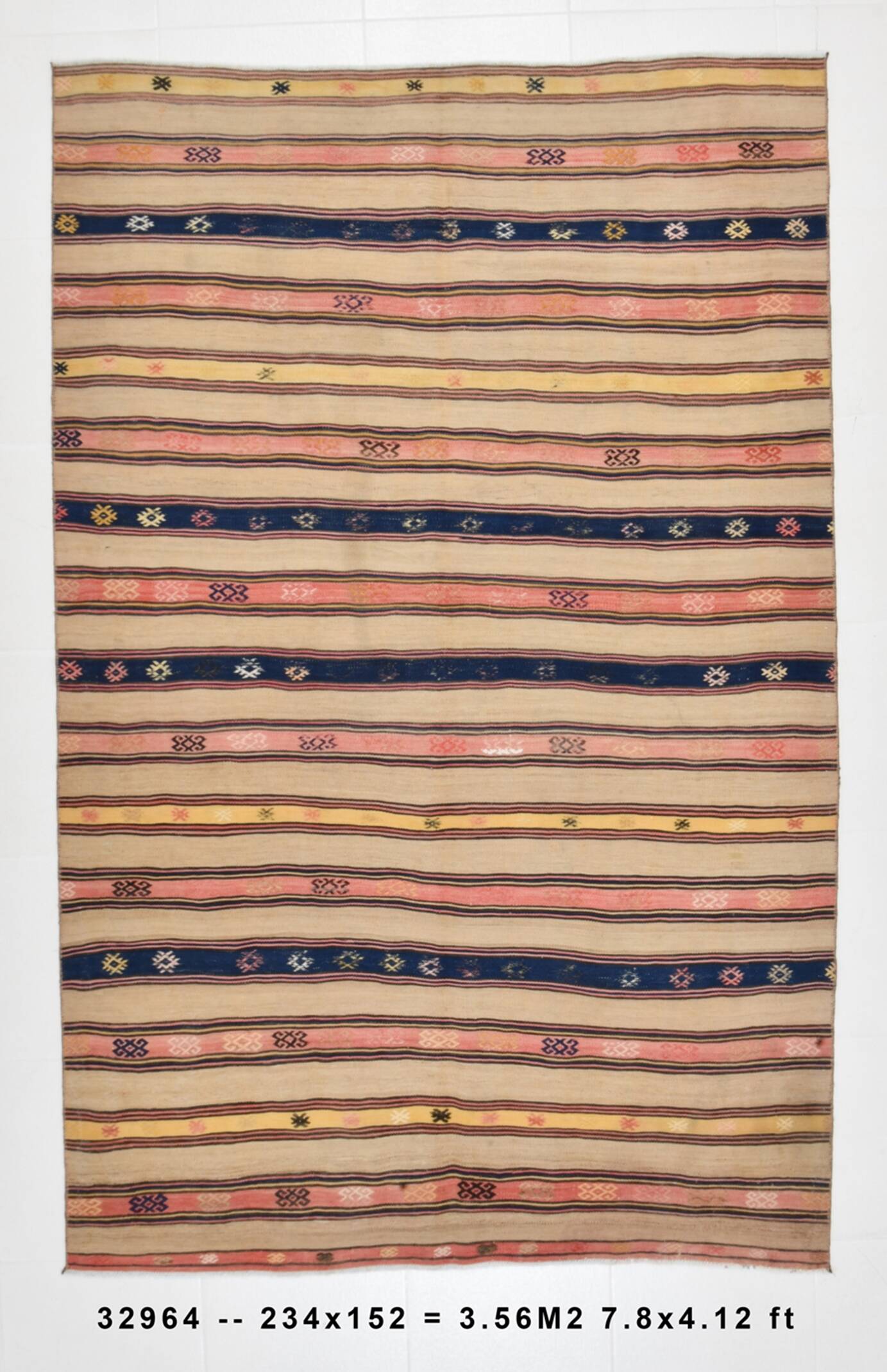 5x8 Cream & Navy Blue Striped Pattern Kilim Rug, 152x234Cm