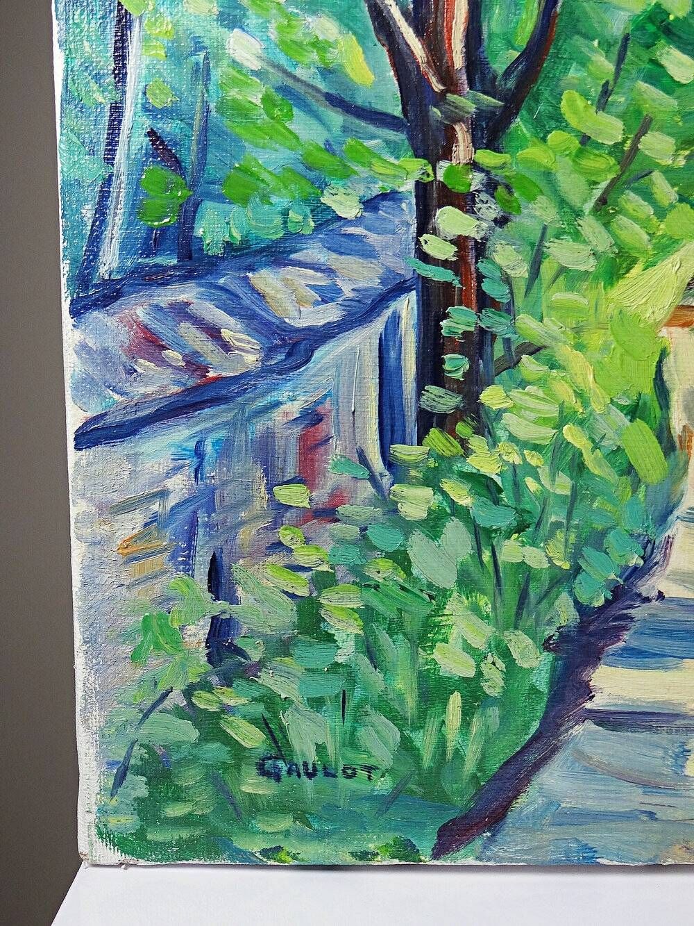 Modern colourful landscape tableau oil on canvas vintage village signed Gaulot