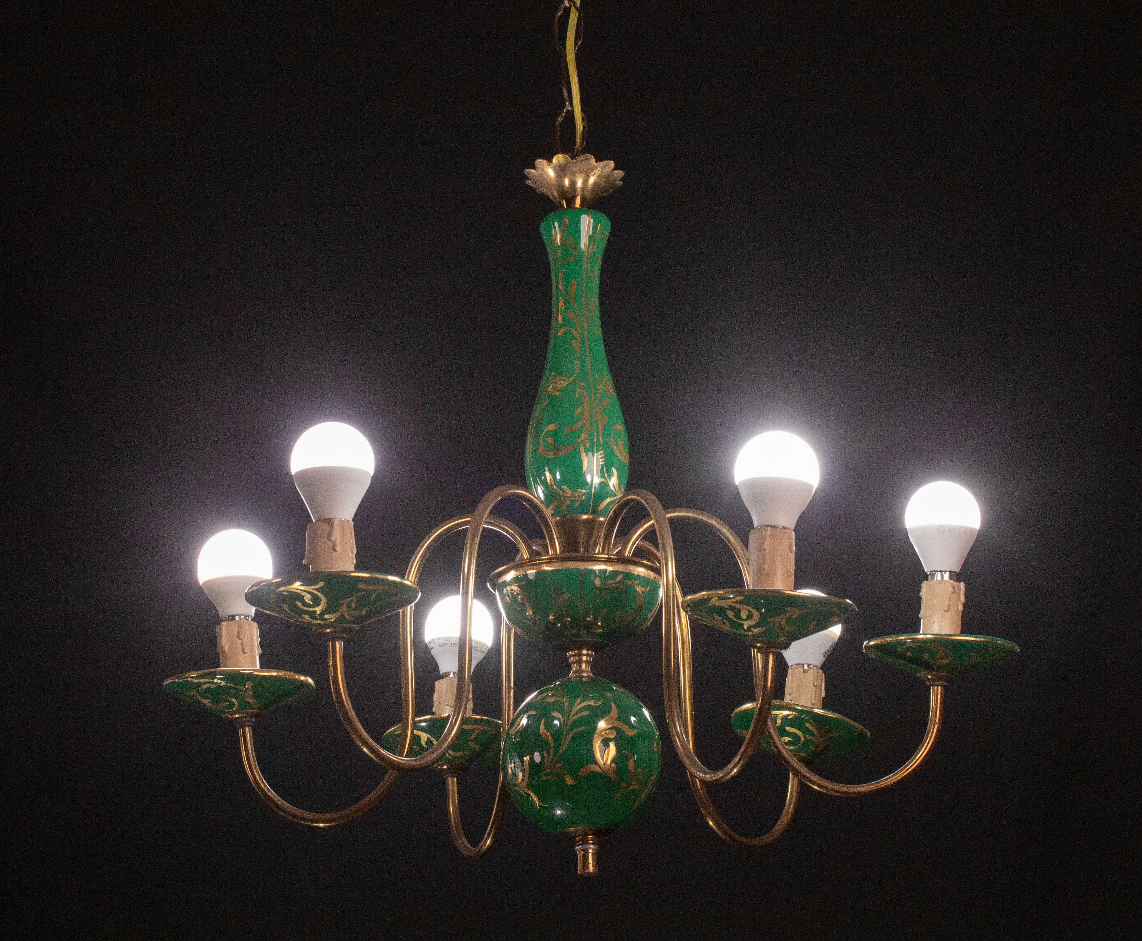 Art Deco Brass and Painted Terracotta Chandelier, 1950s