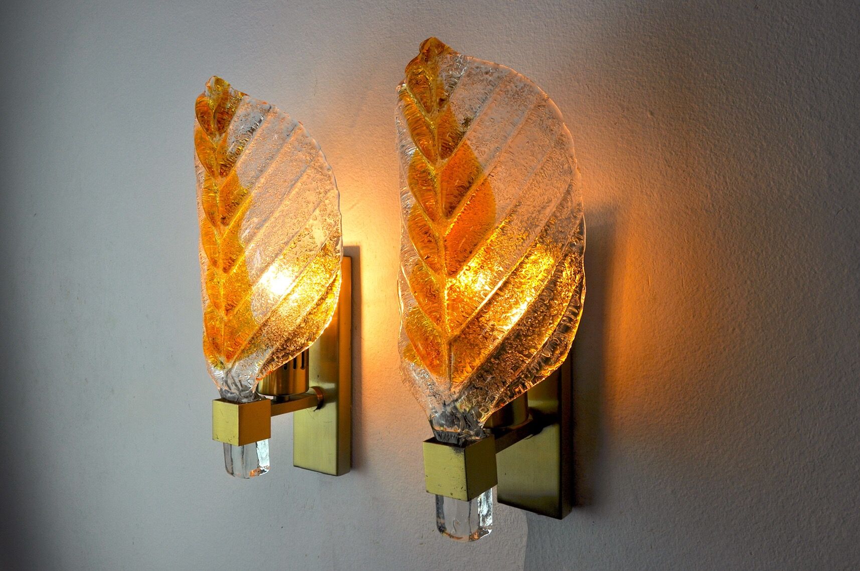 Pair of "leaf" wall lamps by Carl Fagerlund, orange Murano glass, Germany, 1970