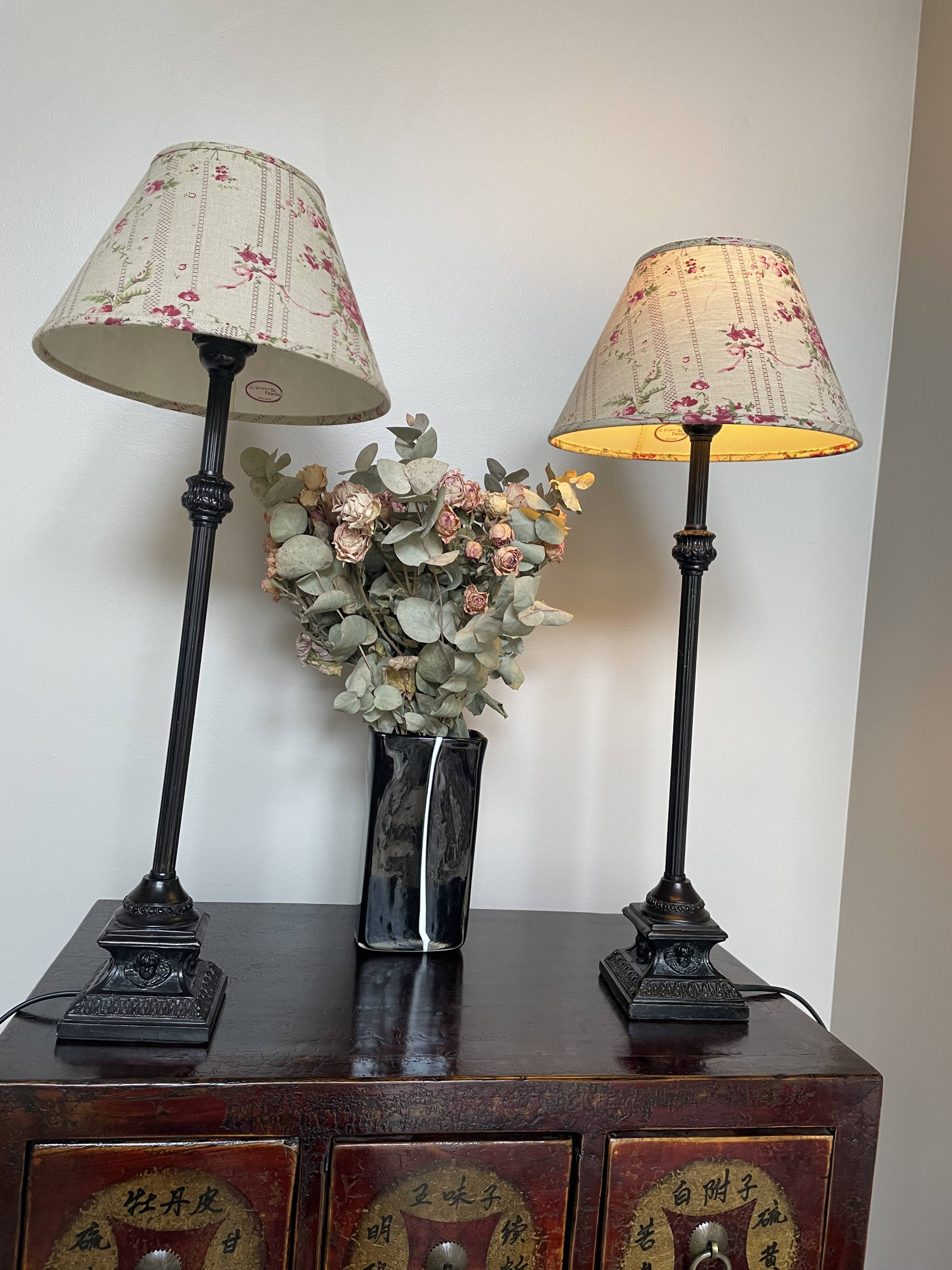 Pair of metal table lamps and shabby chic lampshade