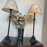 Pair of metal table lamps and shabby chic lampshade