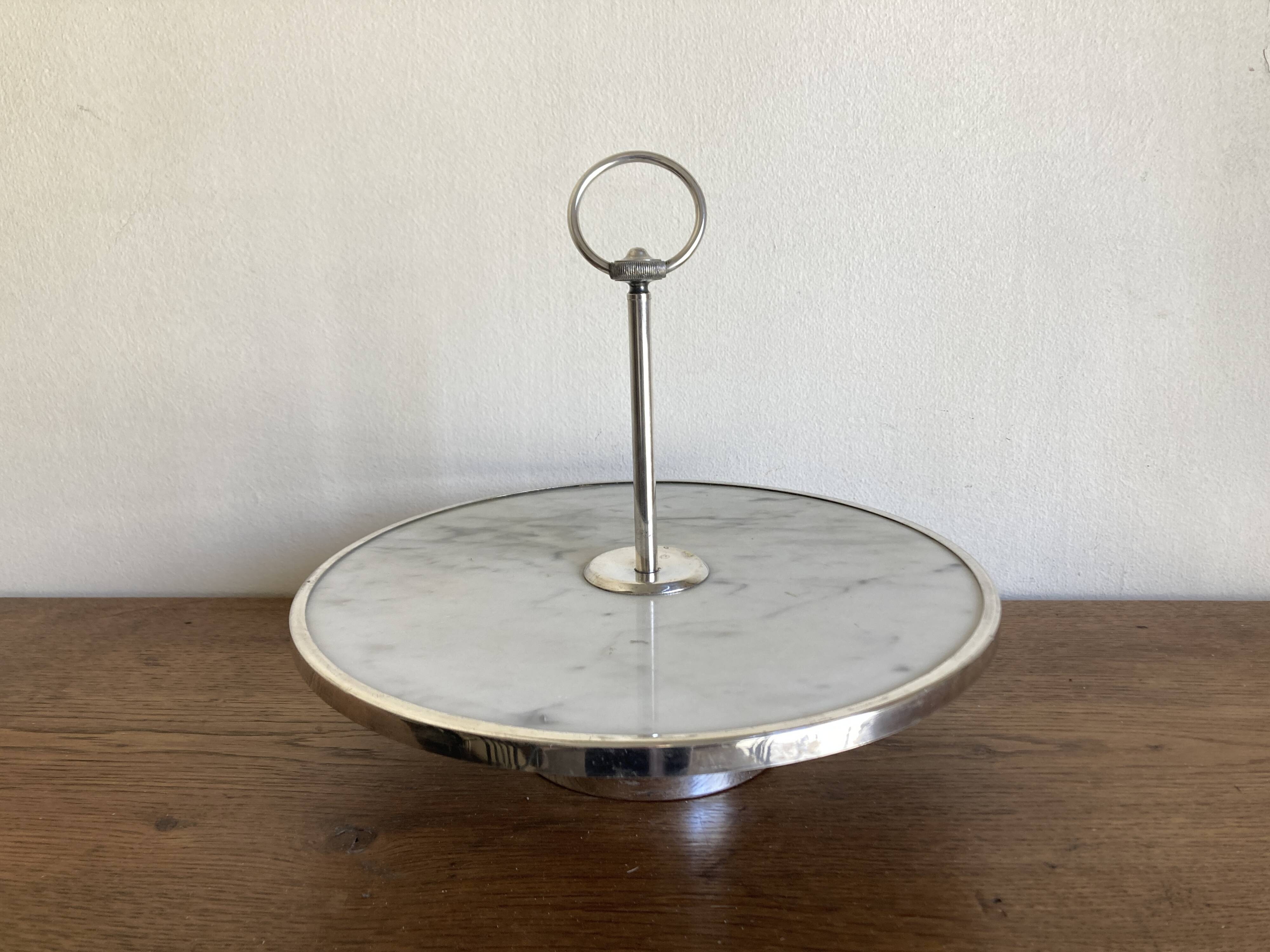 Silver-plated rotating platter and white marble pastry stand 1960 neoclassical
