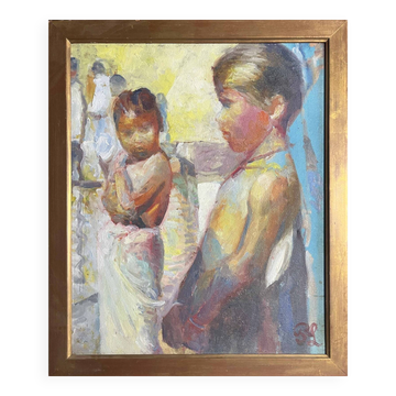 Tableau HST Patrice Landauer (1965) Orientaliste Africaniste "Les deux enfa