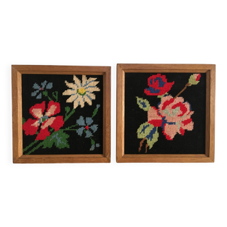 Pair of flower canvas tapestry frames from the 1970s