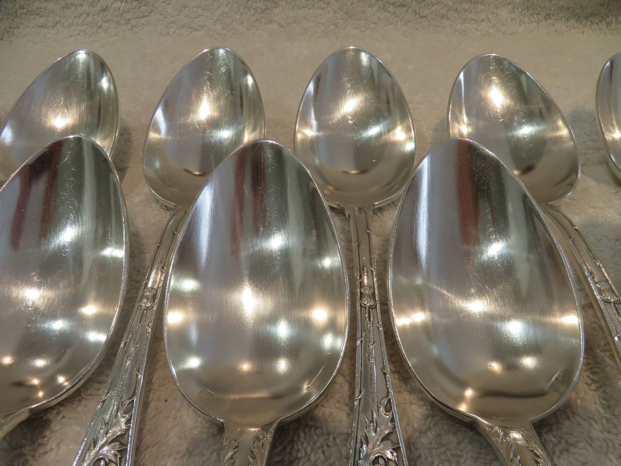 12 silver plated soup spoons by Boulenger, Art Nouveau Chardons