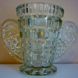 Thick, molded glass ear vase, art deco period and style, stylized leaves and grapes