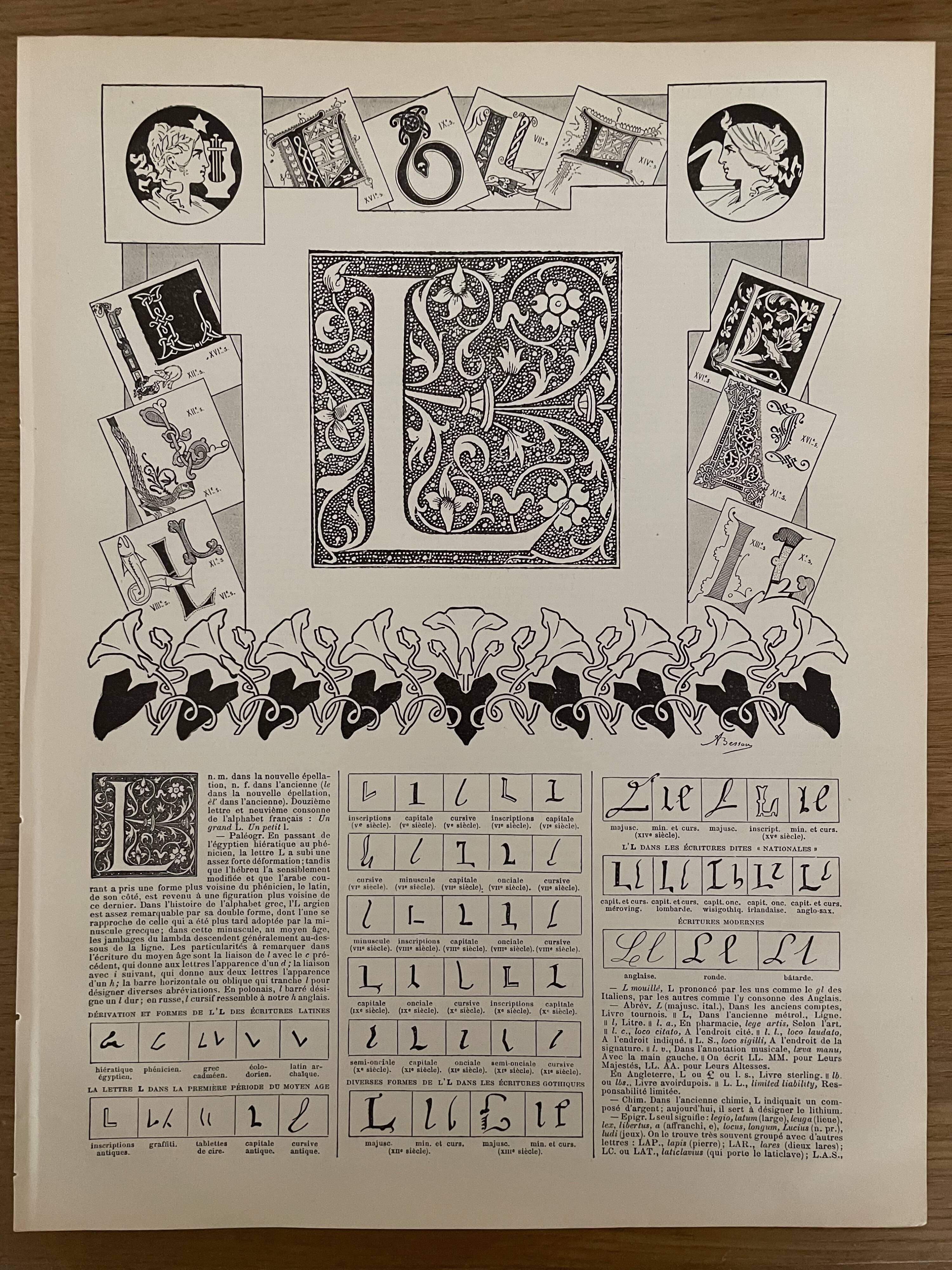 Lithograph engraving alphabet letter L of 1897