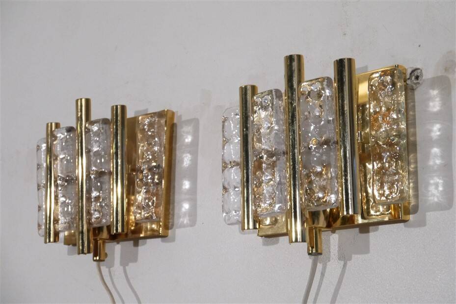 Pair of glass and brass wall lights by Carl Fagerlund 1970