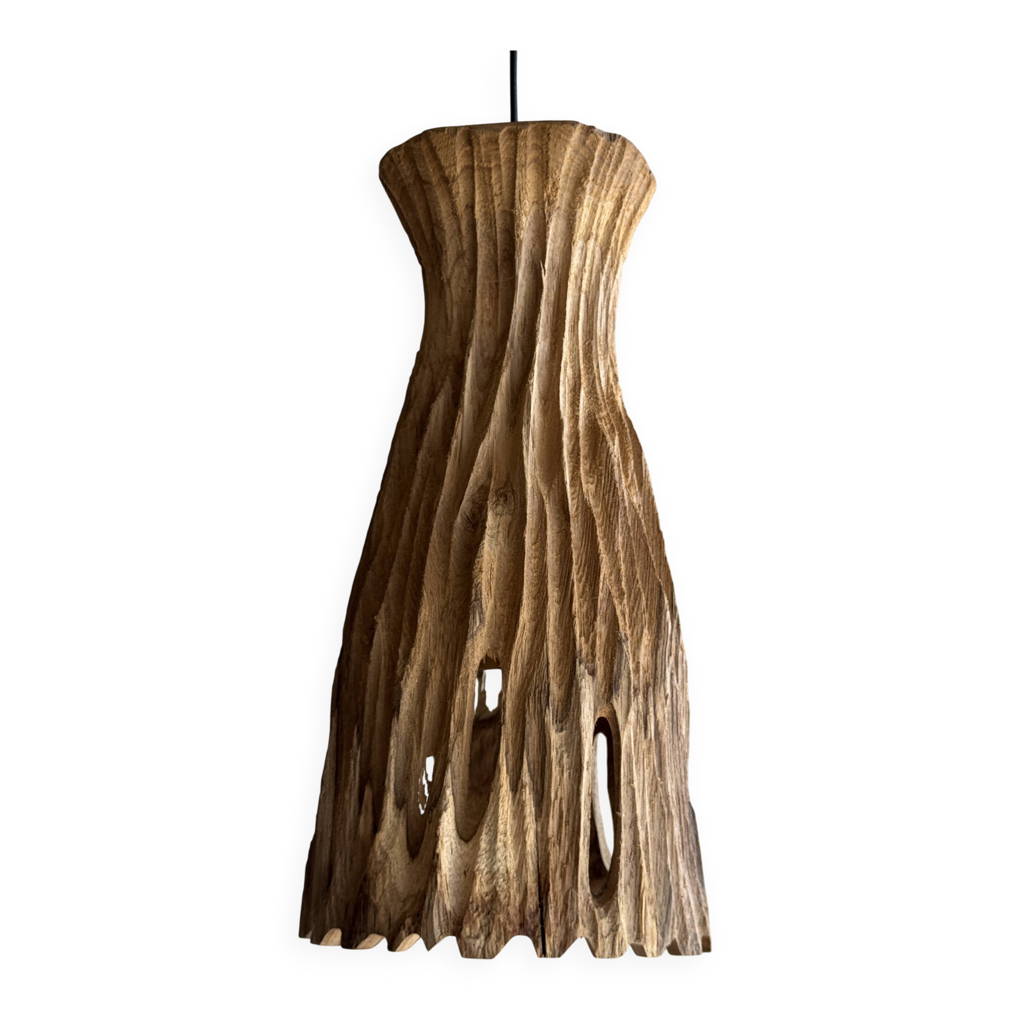 Suspension or lampshade in natural organic teak, tubular, H30 D22.