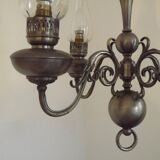 French Vintage Pewter 4 Light Flemish Chandelier Hand Blown Lantern Shades 5104