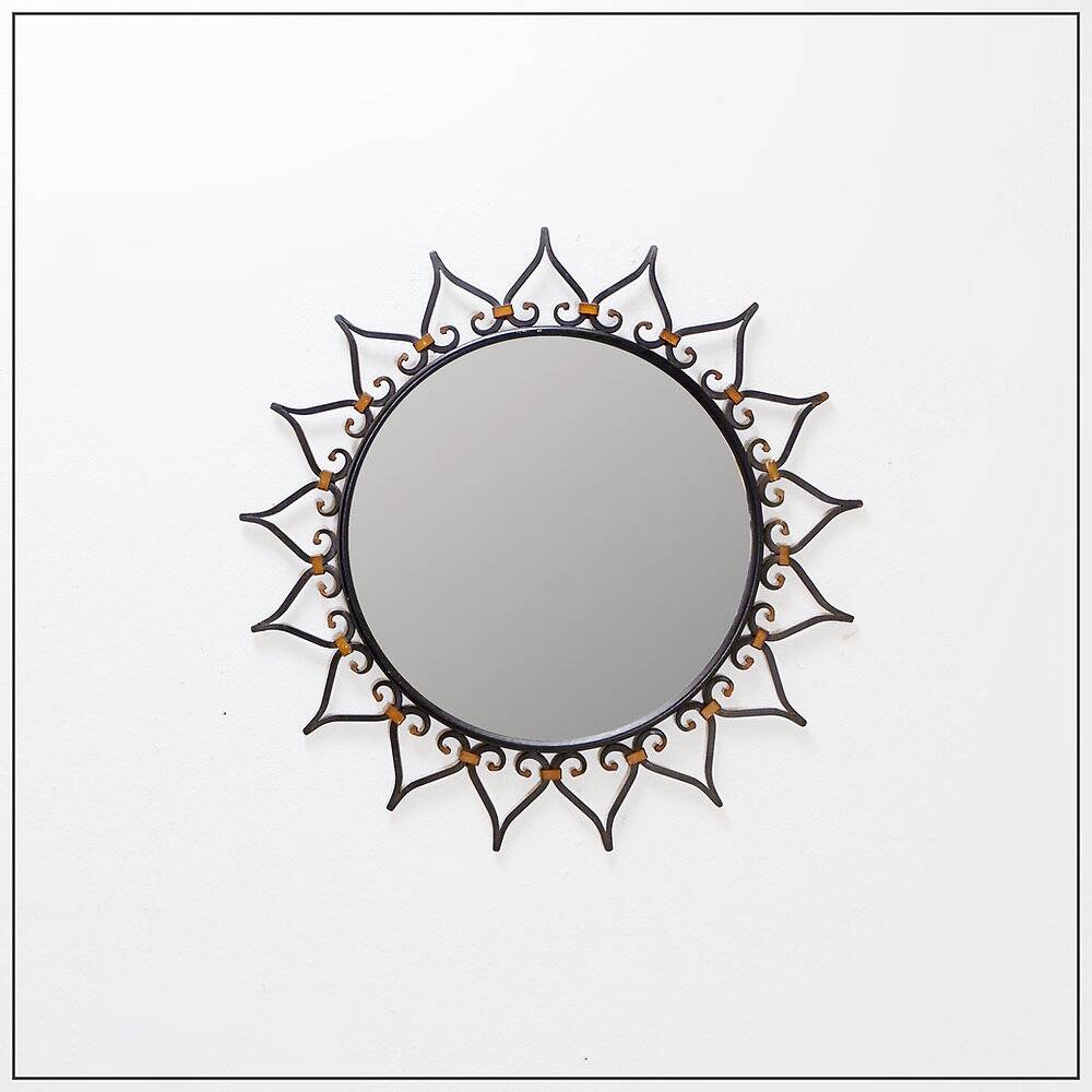 Wall mirror sun in wrought iron with heart pattern - 1960s