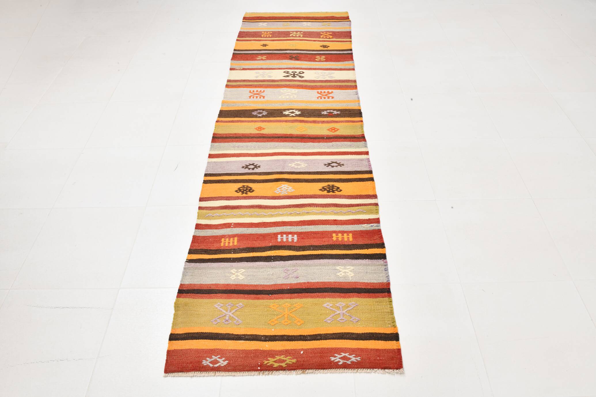 3x9 Striped Kilim Runner, Wool Runner Rug, 74x263Cm