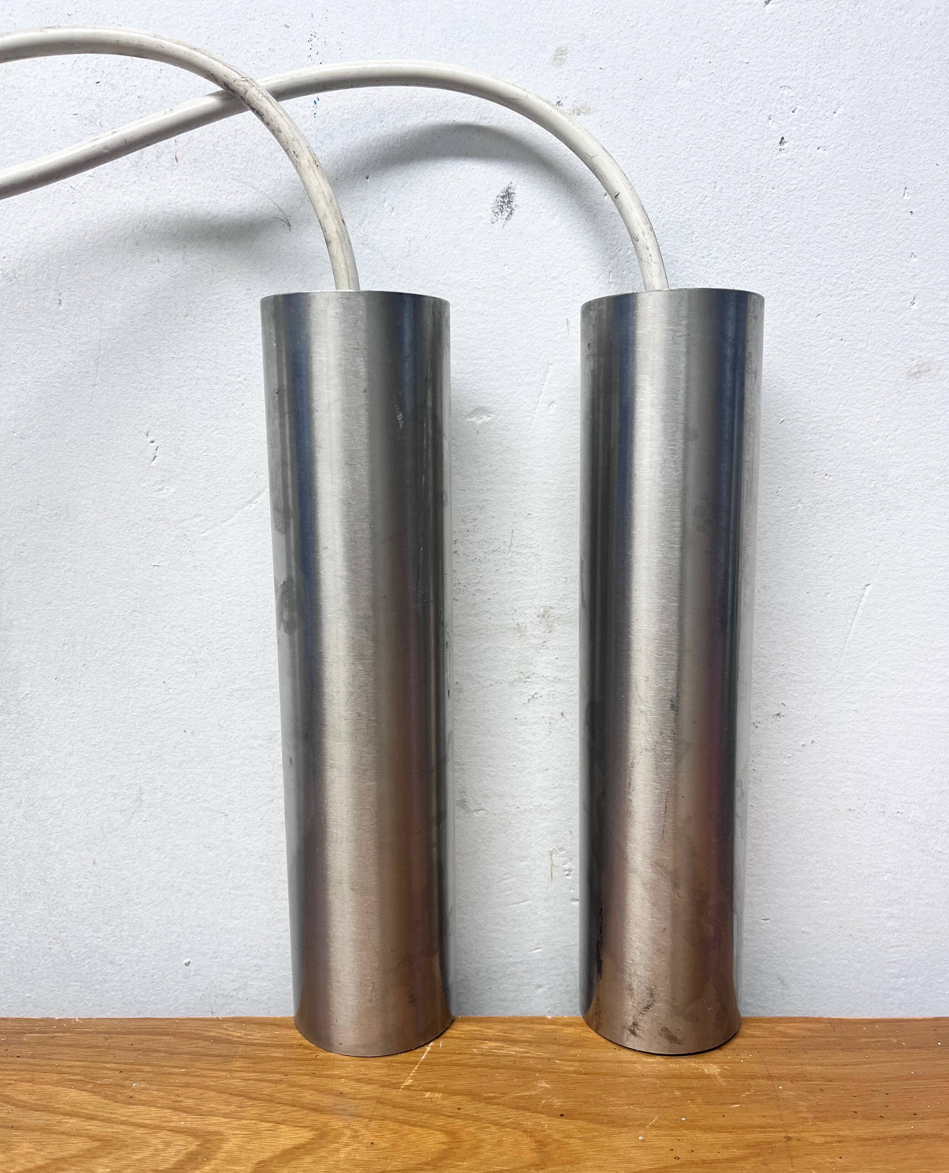 Pair of Parscot brushed metal pendant lights, 1970s