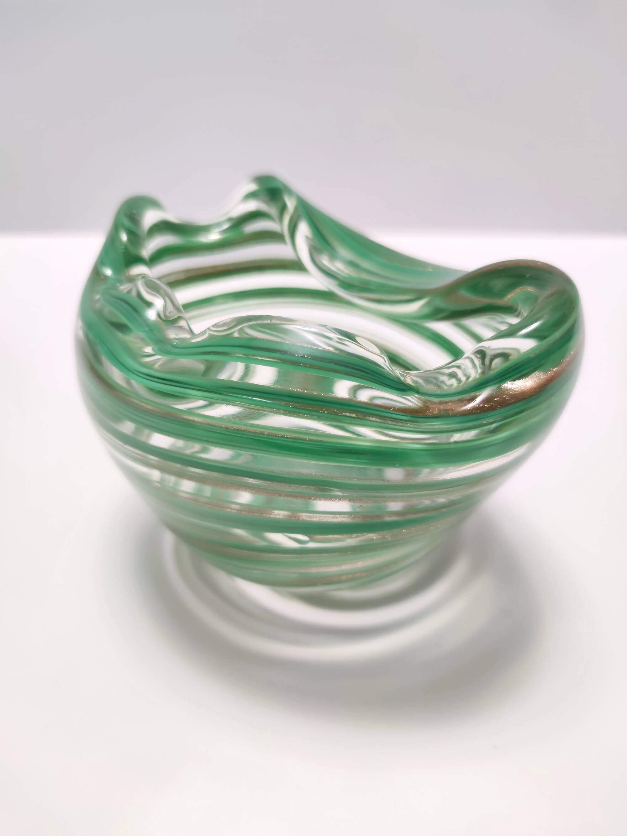 Murano Glass Bowl or Ashtray with Green Canes and Aventurine Glass, Italy
